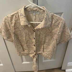 Sweet Rain Cream Abstract Pattern Tie-Front Top